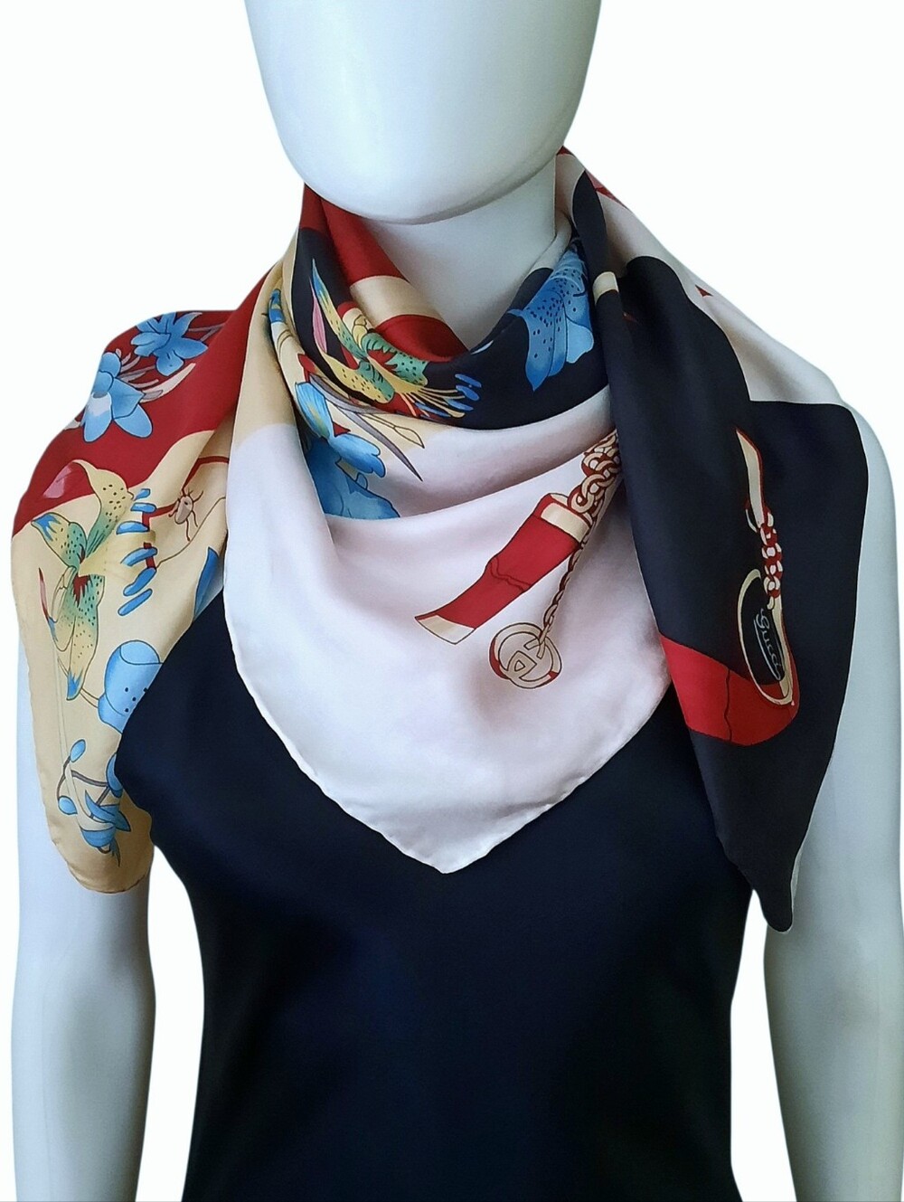 Vintage GUCCI Multi Icons Logo Print Silk Square Scarf 35" Red/Black/Multi - Picture 3 of 14